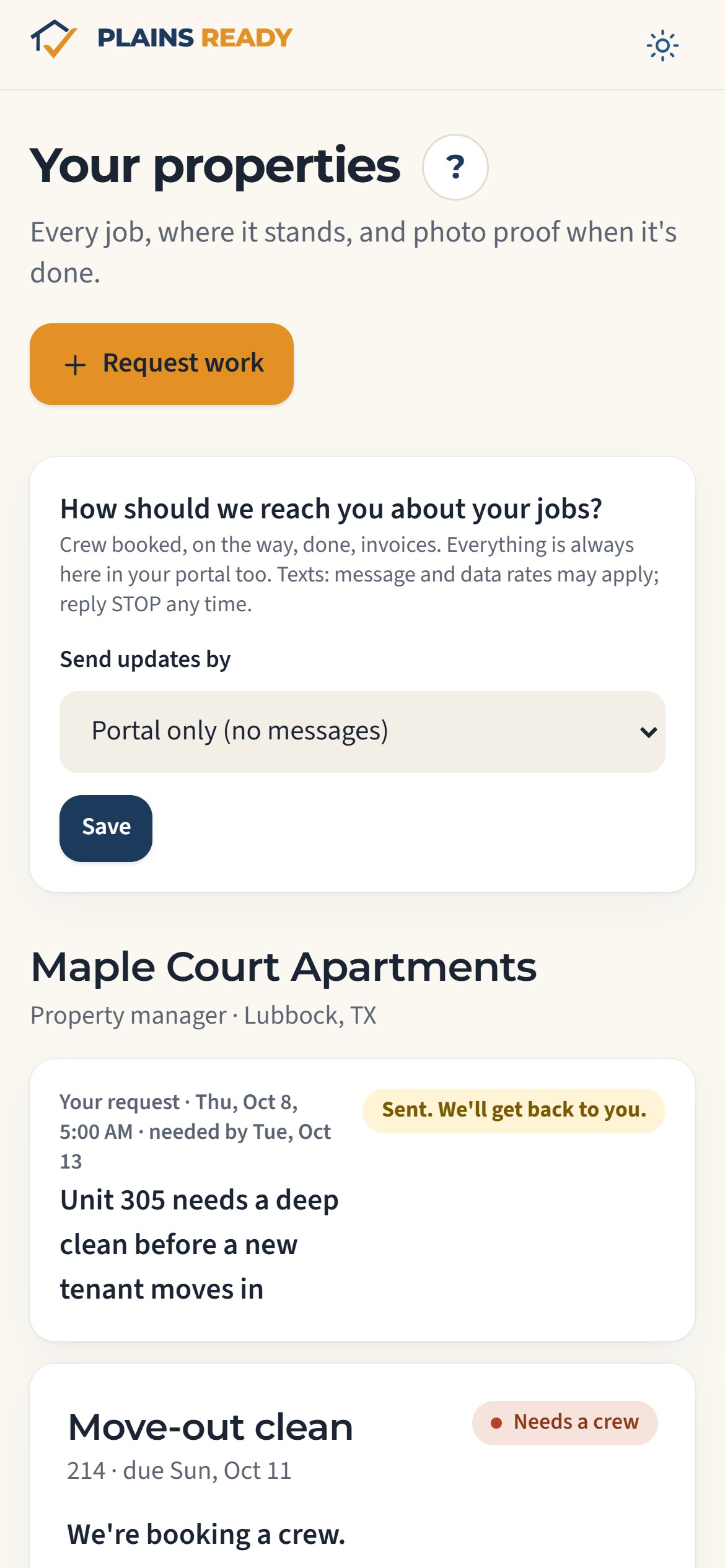 The client portal on a phone: your properties, requests and job status, and how you want updates