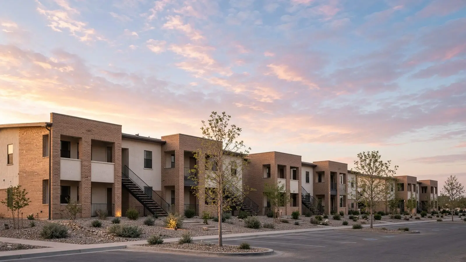 Two-story brick apartment buildings under a wide pink and blue West Texas evening sky